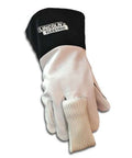 White glove with attached Pocket Size TIG Finger Heat Shield For Welding That Keeps Your Fingers Safe From Burns by Weldmonger.