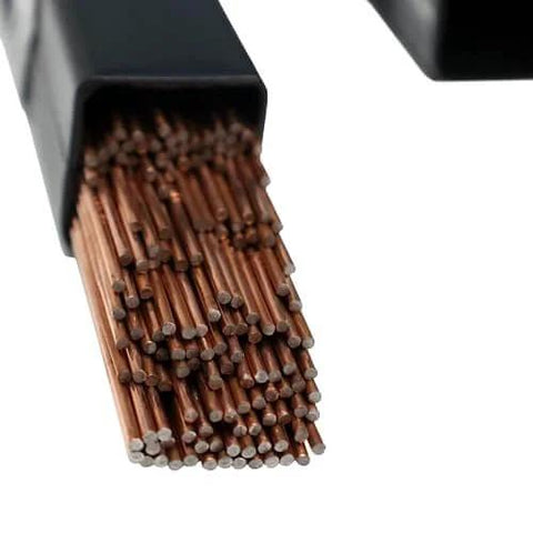 Close-up of Carbon Steel TIG Weld Rod 0.063 Inch Diameter By 36 Inch Length, 10 Pound Blue Coated Welding Rod in packaging.
