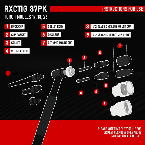 Diagram of components in the 87-Piece TIG Welding Accessories Torch Kit With Stubby Gas Lens And 12 Cups For WP-17, WP-18 And WP-26.