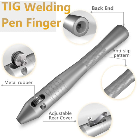 Efficient TIG Pen Finger Feeder For Precise Wire Feeding and A Wide Welding Rod Holder, showing aluminum construction and key features.