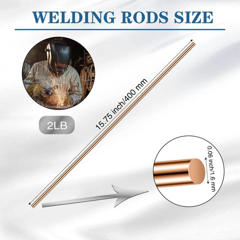 Diagram showing ER70S-6 Mild Steel TIG Welding Rod Sixteen Inch Length One Sixteenth Diameter Two Pound Pack measurements and use