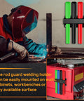 4 Slot TIG Welding Rod Holder Storage Rack mounted on cabinet with colorful rods, welder working, showcasing accessibility and organization