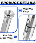 TIG Wire Feeder Pen For 1 32nd To 1 8th Inch Wires, smooth precise wire delivery, silver pen with precision feeder wheel and rear entry