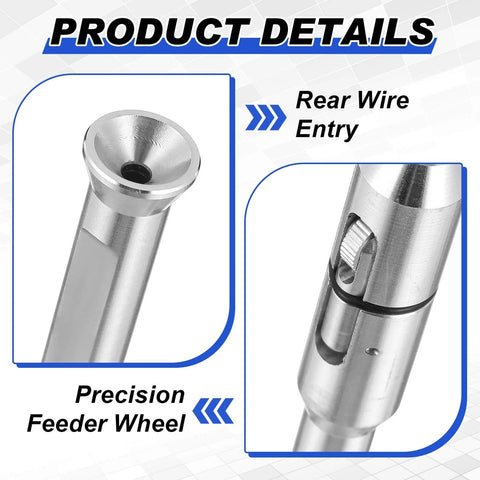 TIG Wire Feeder Pen For 1 32nd To 1 8th Inch Wires, smooth precise wire delivery, silver pen with precision feeder wheel and rear entry