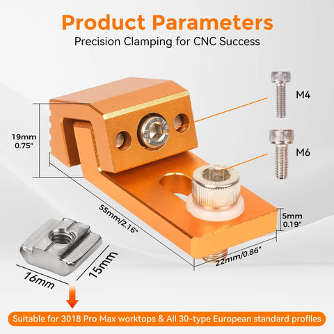 Tiger Claw Aluminum CNC Clamp For 3018 Pro Max And 3018 Pro Ultra Routers with M6/M4 screws details and dimensions.