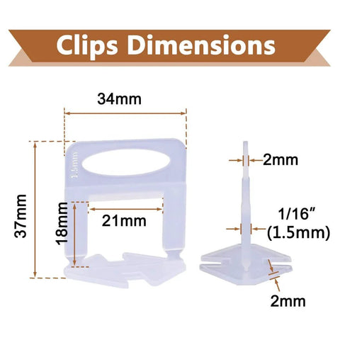 2000 Piece Tile Leveling System Clips dimensions for professional ceramic tile and stone installation showing millimeter measurements