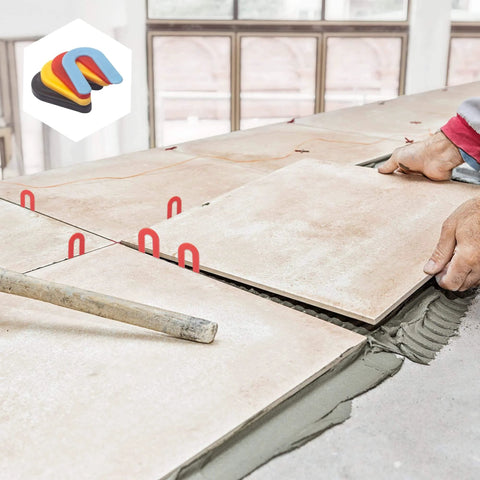 Tile installation using 400 Pcs Horseshoe Shims Set For Tile Leveling U Shaped Spacers In Four Colors Blue One Sixteenth Inch Red One Eighth Inch Yellow Three Sixteenths Inch Black One Quarter Inch Durable PP Plastic, ensuring even tile surface.