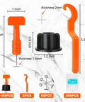 Tile Leveling System Kit with 100 Levelers, 500 Clips, 50 Wedges, 2 Wrenches shown with dimensions on marble background