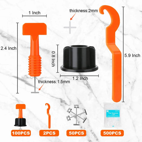 Tile Leveling System Kit with 100 Levelers, 500 Clips, 50 Wedges, 2 Wrenches shown with dimensions on marble background
