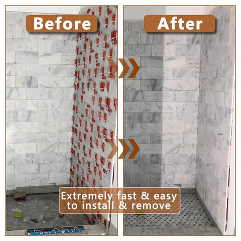 Before and after image showing 2000 piece tile leveling system clips for professional ceramic tile and stone installation in shower wall