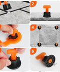 Step-by-step guide using Tile Leveling System Kit With 100 Levelers, 500 Clips, 50 Wedges And 2 Wrenches for tile installation.