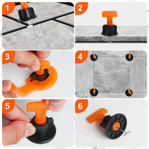 Step-by-step guide using Tile Leveling System Kit With 100 Levelers, 500 Clips, 50 Wedges And 2 Wrenches for tile installation.