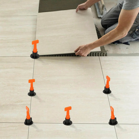 Tile Leveling System Kit With 100 Levelers, 500 Clips, 50 Wedges And 2 Wrenches used for installing floor tiles with consistent gaps