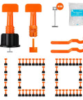 Tile Leveling System Kit With 100 Levelers, 500 Clips, 50 Wedges, and 2 Wrenches for wall and floor tile installation.