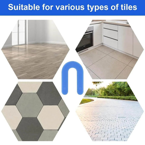 Tile Leveling System One Sixteenth Inch Spacers 300 Pieces Horseshoe U Shape Clips for various tile types and alignment shown