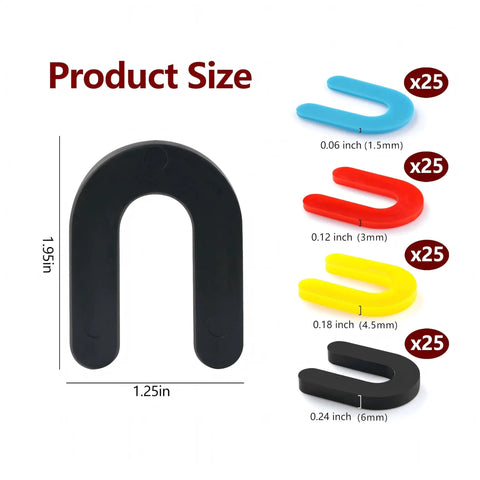 100 Piece Tile Spacer Set For Leveling Floors Windows And Toilets Horseshoe Plastic Shims with various sizes and colors.