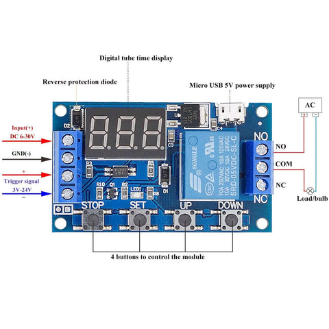 Front view of Two Pack DC 6 To 30V Timer Relay Module with digital display and micro USB power, for home automation and irrigation.