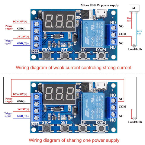 Two Pack DC 6 To 30V Timer Relay Module With Programmable Delay, Cycle Timer, LED Display, 5V Micro USB Power, wiring diagram view