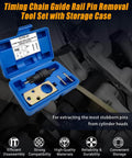 Pro Grade Timing Chain Guide Rail Pin Removal Tool Set For Mercedes Benz Engine Timing Inner Chain Slider Pin Extractor Puller Remover Kit With Durable Storage Case shown in blue case.