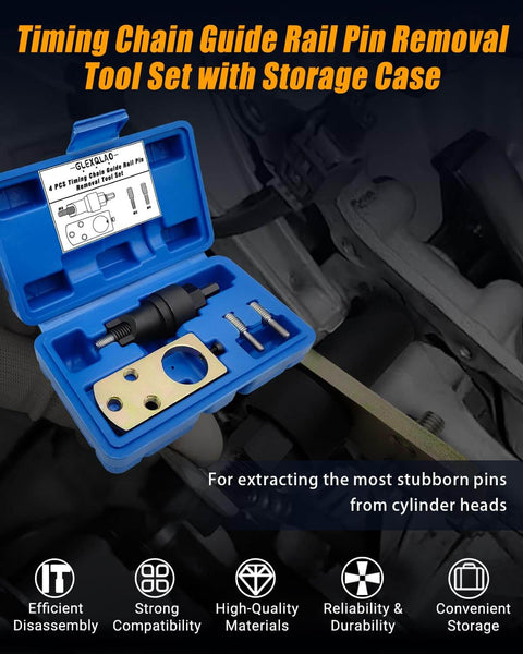 Pro Grade Timing Chain Guide Rail Pin Removal Tool Set For Mercedes Benz Engine Timing Inner Chain Slider Pin Extractor Puller Remover Kit With Durable Storage Case shown in blue case.