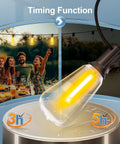 Brighten patios and yards with 100 ft weatherproof LED string lights, 37 ST38 bulbs, a warm 2700K glow, remote dimming, and a connectable design