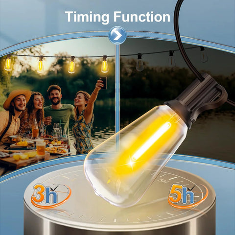 Brighten patios and yards with 100 ft weatherproof LED string lights, 37 ST38 bulbs, a warm 2700K glow, remote dimming, and a connectable design