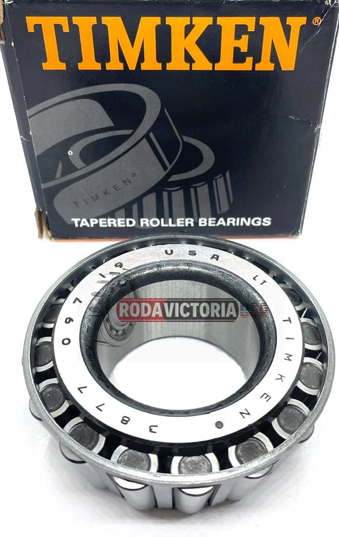 USA Made Timken 3877 Tapered Roller Bearing For Hyster 30228, visible with packaging, 1.625 inch bore, 1.1875 inch inner width