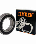 Timken 6008-2RS Double Rubber Seal Bearings 40x68x15mm Two Pack Deep Groove Ball Bearings next to packaging