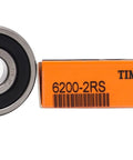 Timken 6200 2RS Double Rubber Seal Ball Bearings 10x30x9mm Pack Of 2 box and one bearing front view