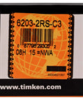 Timken 6203-2RS Deep Groove Ball Bearing 17x40x12mm packaging with barcode and globe design