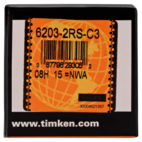 Timken 6203-2RS Deep Groove Ball Bearing 17x40x12mm packaging with barcode and globe design
