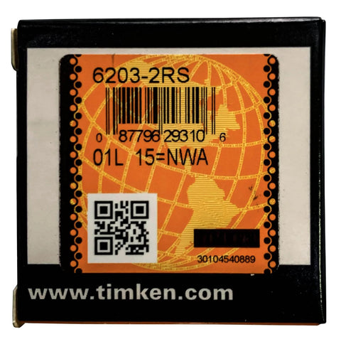 Timken bearing box with model number 6203-2RS and QR code displayed