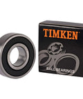 Timken 6203 2RSC3 Bearing with prelubricated double rubber seals, shown with packaging, compact 17x40x12mm size, for machinery use.