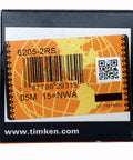 Box of Timken 6205-2RS Double Rubber Seal Ball Bearing 25x52x15mm showing product label and barcode.