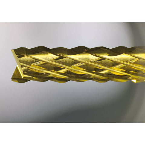 Close-up of Ten Piece TiN Coated Solid Carbide End Mills For PCB Engraving And CNC Router Milling With One Eighth Inch Shank 0.6mm Cutting Edge Diameter High Hardness HRC 62 Pro Grade Bits For Precise Engraving And Fast Milling