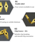 Gold TiN Coated Carbide Inserts Set For MVJNR MVJNL MVVNN Tool Holders VNMG332 VNMG160408 shown with double-sided design and material