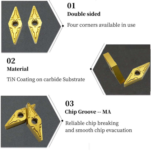Gold TiN Coated Carbide Inserts Set For MVJNR MVJNL MVVNN Tool Holders VNMG332 VNMG160408 shown with double-sided design and material