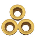 10 Pack RCMT10T3MO R5 Pro Grade Carbide Turning Inserts Tin Coated For Fast Cutting, Long Tool Life, visible in three pieces display.