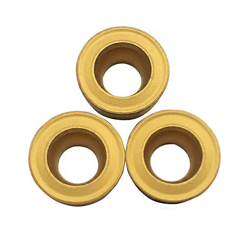10 Pack RCMT10T3MO R5 Pro Grade Carbide Turning Inserts Tin Coated For Fast Cutting, Long Tool Life, visible in three pieces display.