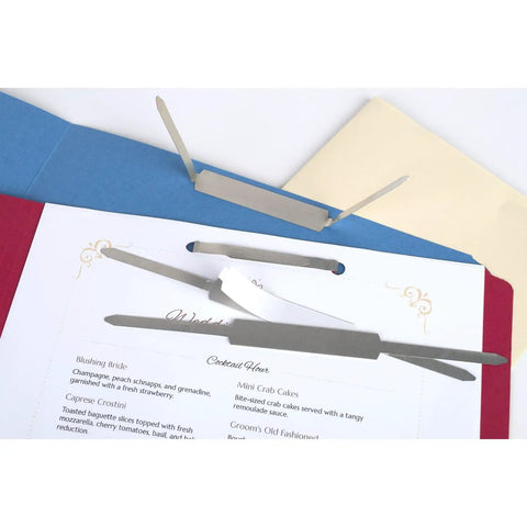 Self-Adhesive File Fasteners For Inside Folders By GBC, 2 Inch Capacity, shown securing documents inside colored folders.