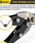 Close-up of 10 Inch Aviation Tin Snips Right Cut, showing steel spring mechanism, chrome vanadium construction, for metalworking.