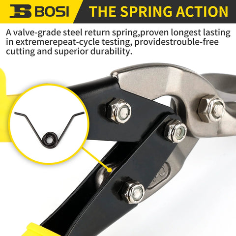 Close-up of 10 Inch Aviation Tin Snips Right Cut, showing steel spring mechanism, chrome vanadium construction, for metalworking.