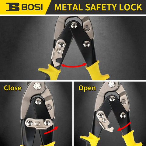 10 Inch Aviation Tin Snips Right Cut with Safety Latch, Chrome Vanadium Steel, featuring metal safety lock mechanism