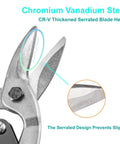 Close-up of 10 Inch Tin Snips Heavy Duty Chrome Vanadium Steel Metal Cutter Shears with serrated edges for stable grip.