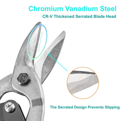 Close-up of 10 Inch Tin Snips Heavy Duty Chrome Vanadium Steel Metal Cutter Shears with serrated edges for stable grip.