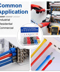 Collage of the 1800-Piece Tinned Copper Crimp Connectors Kit With Insulated Ferrules In AWG 22 To 8 used in electrical setup.