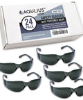 Tinted Safety Glasses For Men And Women 24 Pack ANSI Z87 Plus UV Protection shown with packaging, featuring dark polycarbonate lenses.