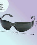 Tinted Safety Glasses For Men And Women 24 Pack ANSI Z87 Plus UV Protection, black wrap-around frames, dimensions shown