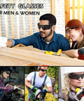 People wearing 3 Pack Tinted Safety Glasses ANSI Z87.1 Protective Eyewear For Work And Shooting in various work settings
