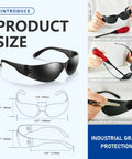 Tinted Safety Glasses Bulk 24 Pack With UV Protection Dark Smoke Lenses, size dimensions, UV shielding, polycarbonate material.